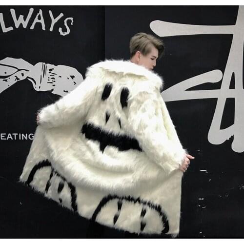Men winter fashion fur coat long jackets black white faux fur trench coat women casual stage performance faux fox fur overcoat