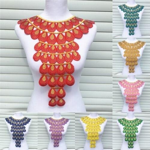 1pc Luxurious Hot Fix Rhinestones African Lace Neckline Collar Iron On Embroidery Appliques For Cloth Accessories With Glue