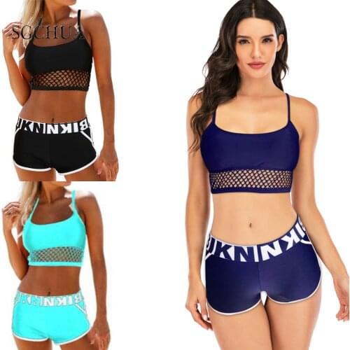 2020 Sexy Swimwear Women Two Piece Swimsuit Letter Print Solid Blue Mesh Patchwork Sport Bikini Set Vintage Bathing Suit Bikini