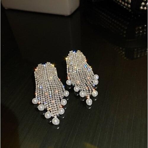 2021 New Fashion Shiny Crystal Tassel Senior Dangle Earrings Contracted Temperament Fine Pearl Sweet Women Earrings Fresh