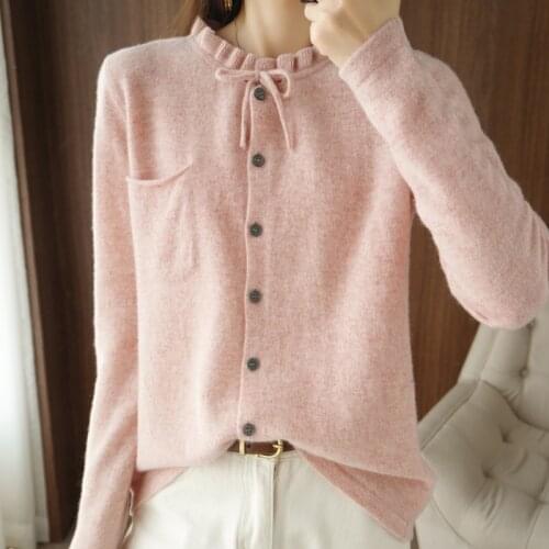 6-color knitted cardigan sweater ladies O-neck long-sleeved high-end comfortable jacket cashmere wool sweater autumn and winter