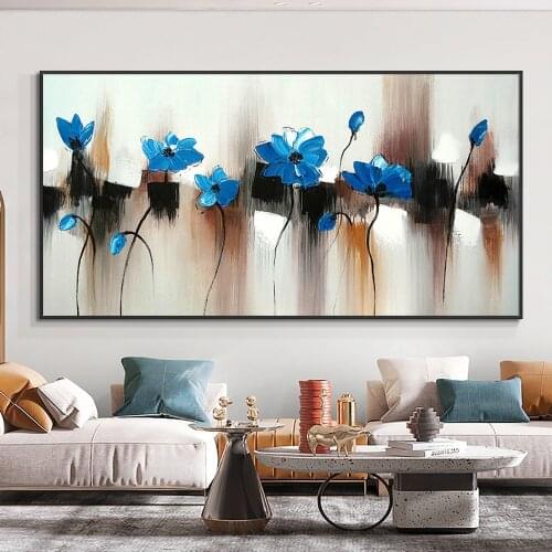 Abstract Blue Flowers Oil Painting 100% Hand Painted Plant Painting On Canvas Modern Wall Art For Living Room Home Decor