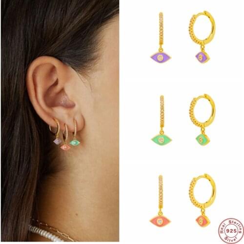 Aide 925 Sterling Silver Colorful Enamel Evil Eyes Pendant Dangle Earrings For Women Cubic Zirconia Jeweled Circle Drop Earring