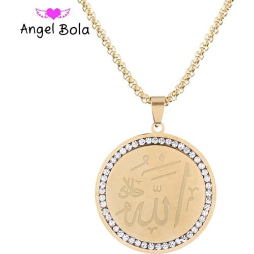 Muslim Fashion Austrian Crystal 100% Colorless Stainless Steel Scripture Luxury Jewelry Gold Coin Allah Lady Pendant Necklace