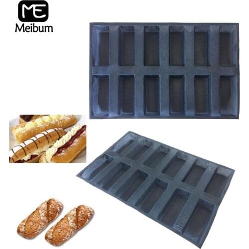 Meibum Black Porous 12 Cavity Silicone Mold Long Loaf Square Bread Hot Dog Pan Baguette Eclair Tray Non Stick Bakeware Baking