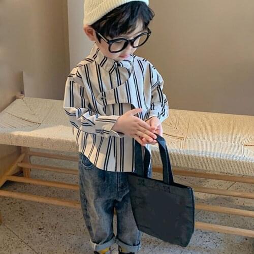 ChildrenS Shirts Boys' Baby Autumn Clothes ChildrenS Tops Spring Vertical Strips Stitching Design Boys' Long-Sleeved Shirts