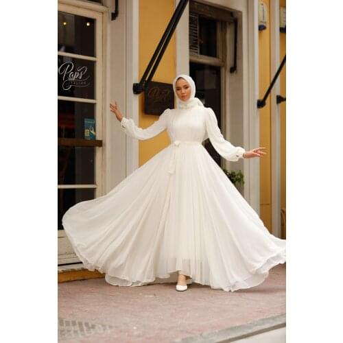 Tail And Belt Detailed Hijab Womens Evening Dress Muslim Hijab Chiffon Eid Mubarak Party Evening Long Dress Islamic Clothing