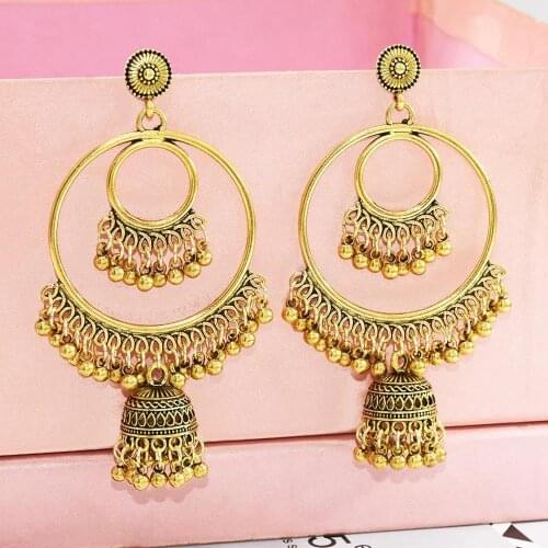 Indian Jhumka Jewelry Gold Sliver Small Bells Drop Tassel Earrings Women Girls Boho Ethnic Big Round Circle Dangling Earring Jew