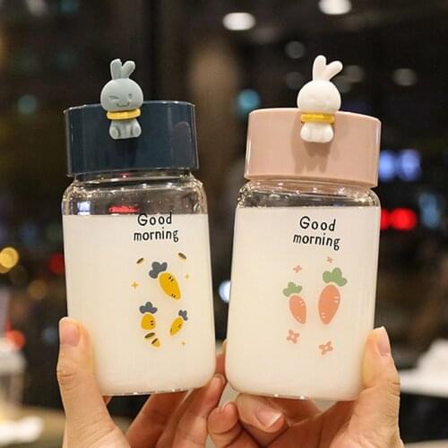 Creative Cute Rabbit Glass Water Bottle Portable Leakproof Cartoon Clear Water Bottles For Women Student Kids Drinking Cups