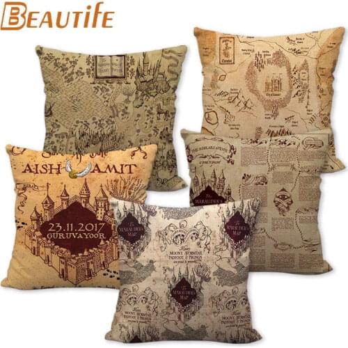 45X45cm Marauder Map Pillow Cover Square Zipper Cotton Linen Fabric Pillow Cases Bedroom Home Decorative Boys Girls Gift