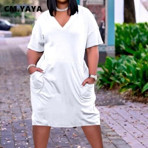 CM.YAYA Summer Solid Fashion Basic Slim Womens Dress With Pocket Loose V-neck Plus Size Knee Length Dresses