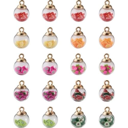 54pcs Mini Glass Bottles Globe Round Ball Pendants with Resin Imitation Fruit Chips Beads Ball Charms for Jewelry DIY Earrings