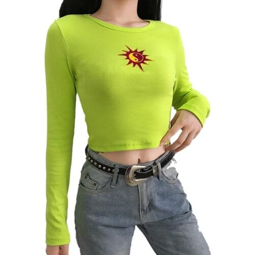 Fashion trend Women Casual Long Sleeve Slim T-shirts Sun Embroidered T-shirt Round Neck Tops with a navel Printed 2020 Hot sale