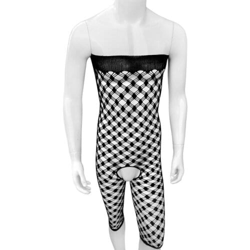 Mens Bodystockings Sleepwear Open Crotch See Through Net Tight Bodysuits Sissy Underwear One Piece Lingerie Fishnet Nightwear