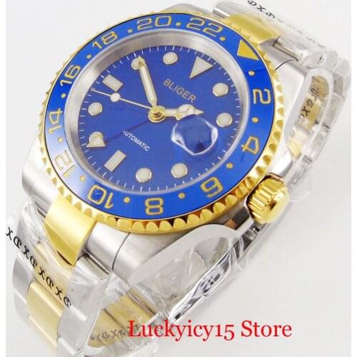 BLIGER Brand Blue Stainless Steel Men Wristwatch Gold Coated GMT Date Function Rotating Bezel 40mm Sapphire Glass
