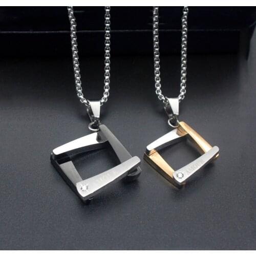 Square Stainless Steel Necklaces Gold silver color rhinestone Necklace For Womens Accessories Chain Pendant Bijoux Femme