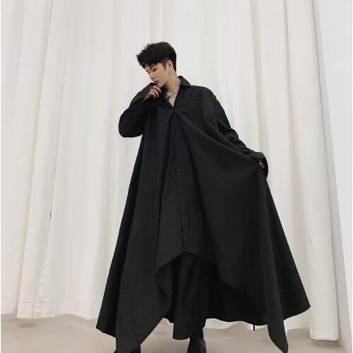 Men Long Sleeve Black White Irregular Rope Shirt Dress Male Women Streetwear Vintage Gothic Long Style Japan Kimono Robe Shirt