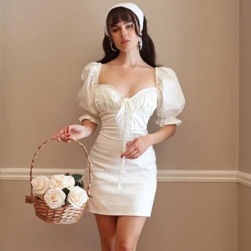 Summer Womens 2021 Dress Sexy Lace up V-Neck Woman Mini Elegant Slim Front Puff Sleeve Solid Color Party Dresses Short Sleeve