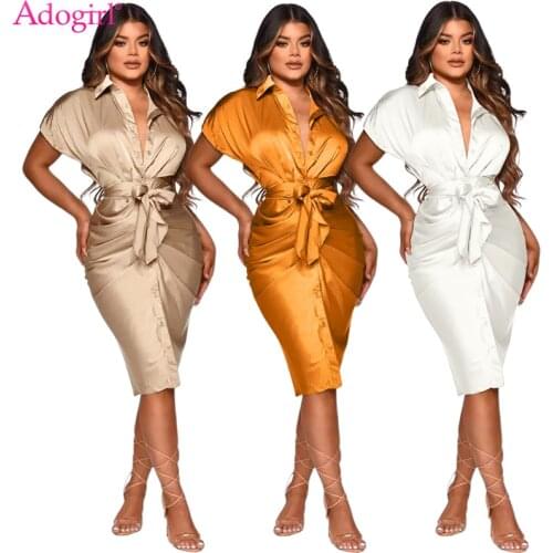 Adogirl Bright Faux Silk Pleated Shirt Midi Dress with Belt Elegant Office Lady Turn Down Collar Short Sleeve Work Wear