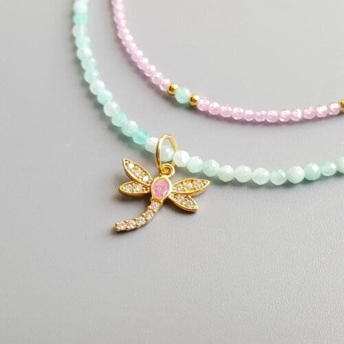 LiiJi Amazonite Pink Zircon Lab-created Opals Dragonfly Pendant Charms 2 Rows Delicated Handmade Necklace 40+5cm