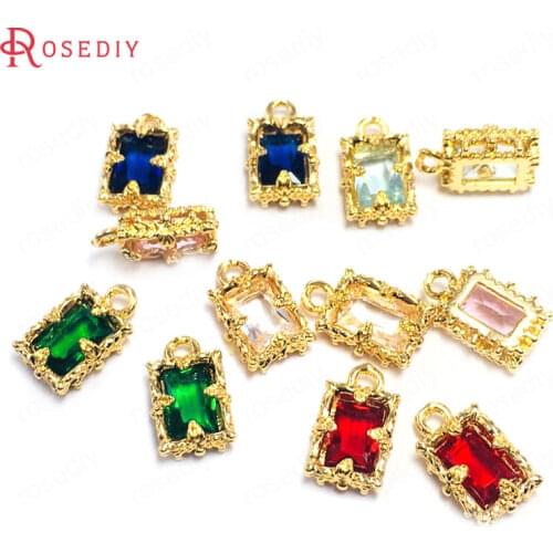 38798)10PCS 4x7MM 24K Champagne Gold Color Brass and Glass Rectangle Charms Pendants Jewelry Making Supplies Diy Findings