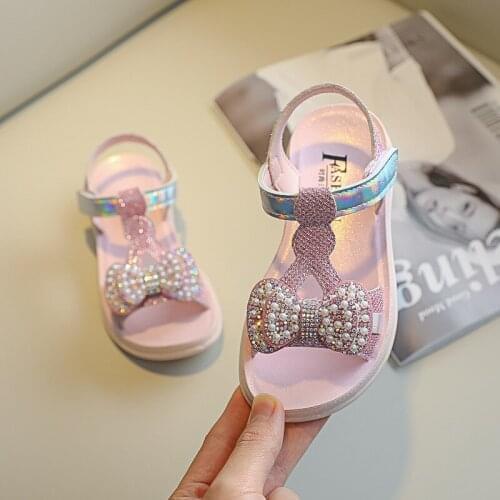 Girls Bow Princess Sandals 2021 Summer New Fashion Sweet Children Sandals Pearl Bow Soft Kids Sandals E823