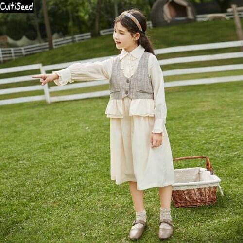 Cultiseed Big Girls New Autumn Chiffon Dress Children Girl Long Sleeve Dress+Chest 2pc Dress Sets Kids Vintage Party Long Dress