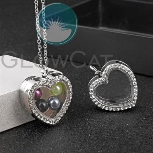 Glass Heart Locket Pearl Necklace Pendant fit 8mm Beads Pearl 50cm Steel Chain Necklace K1256