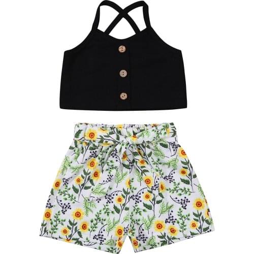 Citgeett Summer Kids Girls Casual Clothes Set Black Sleeveless Strap Tops Floral Printed Pattern Shorts Clothing