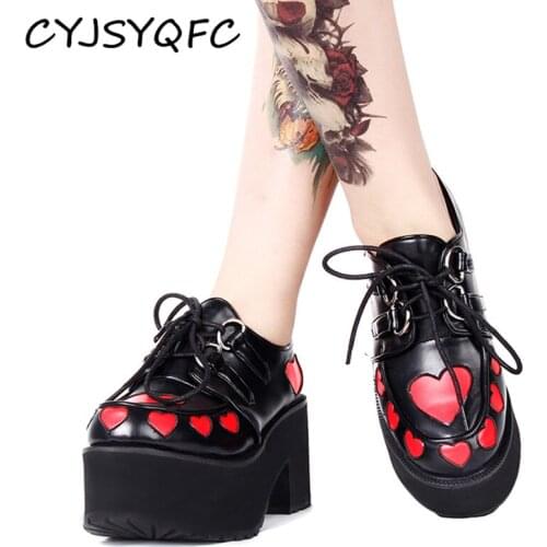 CYJSYQFC Women Mori Girl Lolita Cosplay Shoes Lady High Heels Pumps Lace Up Lovely Heart Princess Dress Party Woman Shoes 34-46