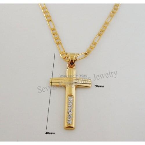 ORDER 10$ GET FREE SHIPPING/ YELLOW GOLD GP FILL 24" FIGARO NECKLACE&JESUS CROSS CZ STONES PENDANT/Great Gift/Great Money Maker