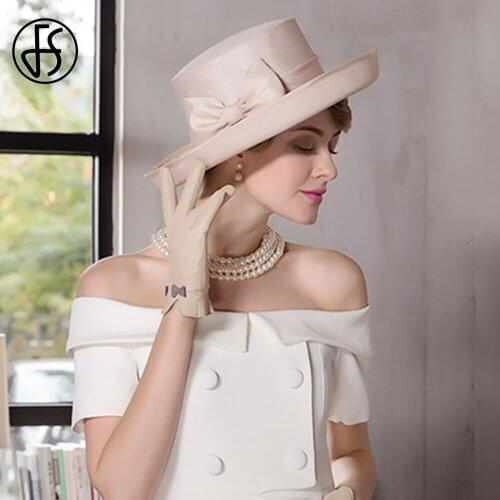 FS Beige Ladies Church Hats Women Elegant Fascinators Hat Wedding Linen Fedora Wide Brim Bowknot Kentucky Derby Curling Hat