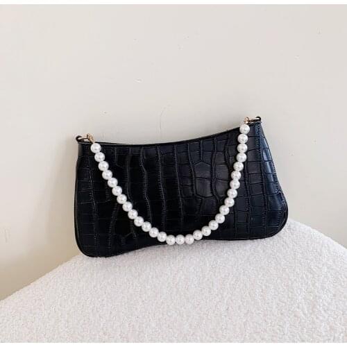 Fashion Women PU Leather Solid Color Underarm Shoulder Bag Casual Ladies Alligator Pattern Pearl Chain Small Handbags Purse