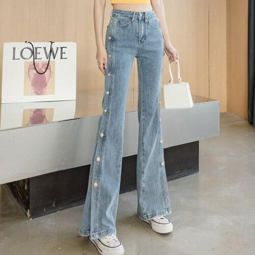 Women Vintage Pocket Long Oversized Denim Pants 2021 Sexy Heavy Industry Wide Leg Summer Thin Side Open Button Jeans Streetwear