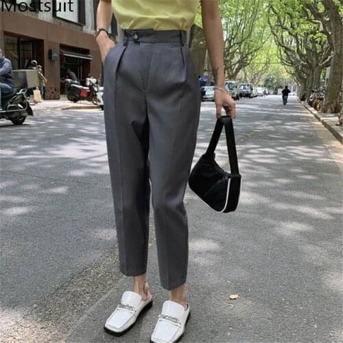 2020 Autumn High Waist Women Harem Pants Trousers Buttons-fly Ankle-length Casual Fashion Office Pants Capris Femme