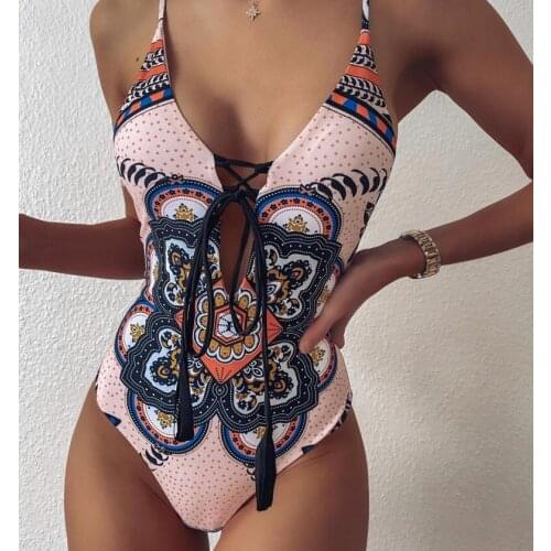 Female Bathing Hollow Out Swimsuit Lace up Bodysuit Suit Print 2021 New Female Bandage Sexy One-piece Swimming Suit for Women