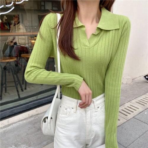 2021 Long Sleeve Turn-down Collar Womens Sweater Spring Autumn Knitted Pullover Top Femme Korean Style Black Slim Women Clothes