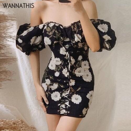WannaThis Floral Mini Dress Women Sleeveless Off-Shoulder Bandage Bodycon Sexy Women Party Dresses Puff Sleeve Mini Dress 2021
