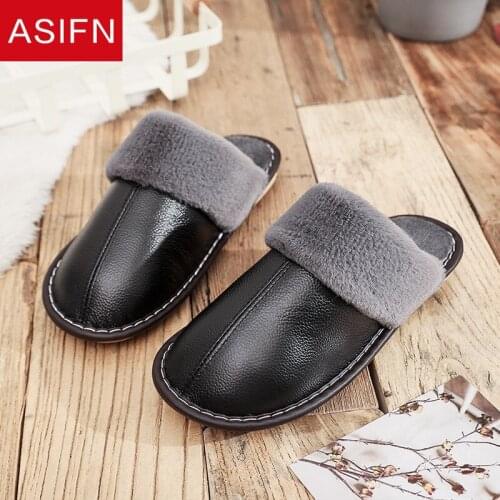 ASIFN Winter Home PU Leather Slippers for Men Women Waterproof Warm Fur Mules Male Couple Platform Shoes Fluffy House Slippers