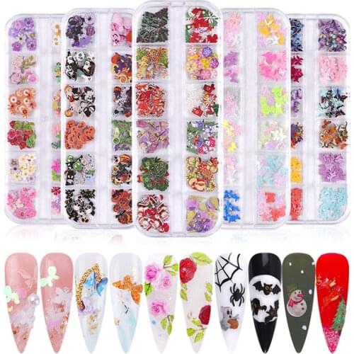 12Grids/Box Christmas Halloween Nail Art Flakes Nail Decoration Slices Butterfly Small Flowers Slices 6 styles