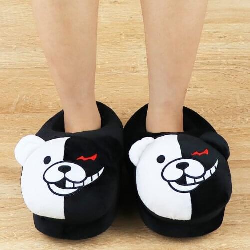 2021 Plush Soft Slippers Women Men Monokuma Kigurumis Black White Anime Bear Home Shoes Cartoon Cute House Slipper Big Size 42