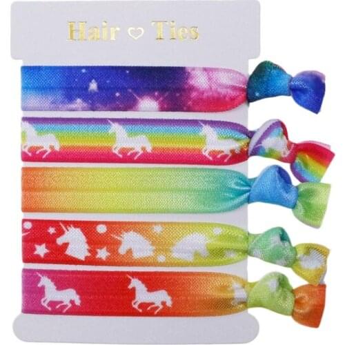 5/8" popular rainbow hair ties fold over elastic foe unicorn hair ties for women girls Hair Accessories 10 sets/lot=50pcs