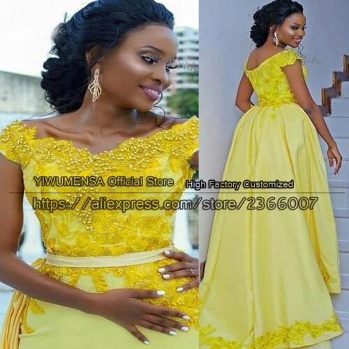 Aso Ebi African Dubai V Neck Yellow Chiffon Lace Appliques Prom Dresses 2021 With Moved Skirt Formal Evening Gowns Plus Size
