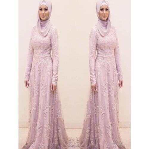 Elegant Muslim Evening Dresses A-line Long Sleeves Tulle Appliques Beaded Scarf Dubai Saudi Arabic Long Evening Gown Prom