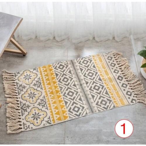 Retro Hand Woven Cotton Linen Carpet Rug Bedside Rug Geometric Floor Mat Living Room Bedroom Carpet Home Decor