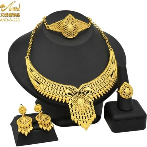 Indian Jewelry Set Wedding 24k Gold Color African Jewelry Bridal Sets Nigerian Necklace Bracelet Earring Dubai Gold Jewellery