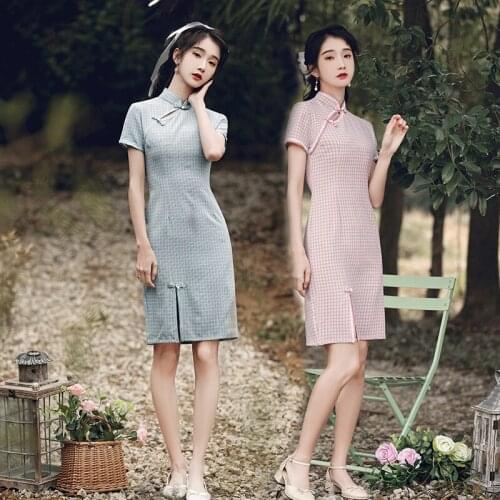 Chinese Dress Traditional Cotton Plaid Mini Short Chinese Dresses Daily Fashion Girl Qi Pao Lattice Student Cheongsam Modern