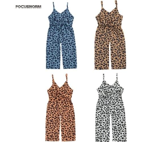 FOCUSNORM 1-6Y Kids Girls Leopard Rompers Pants Sleeveless V Neck Belt Summer Jumpsuits 4 Colors