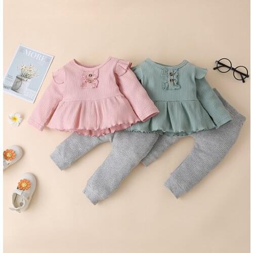 Menoea 2021 Spring Infant Baby Girl 2 Pieces Set Long Sleeve Ruffled Crew Neck Long Sleeve Top for Infant Baby Spring Trousers