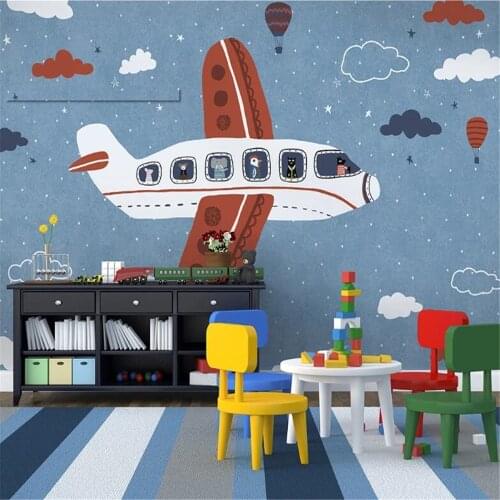 Milofi custom personality hand-painted boy childrens room bedroom background wall paper American cartoon aircraft mural